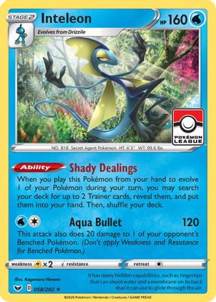 Inteleon (Pokemon League) 058/202 - Reverse Holofoil League & Championship Cards - Promo