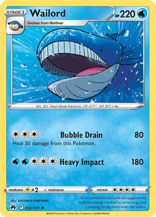 Wailord 032/159 - Reverse Holofoil Crown Zenith - Rare