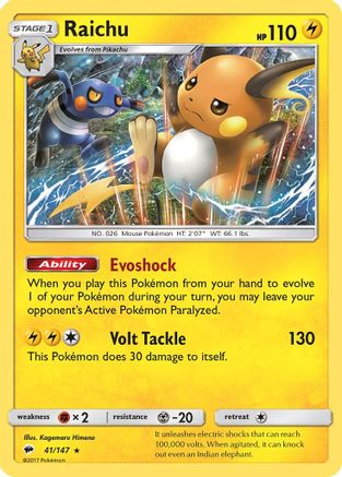 Raichu 041/147  - Reverse Holofoil SM  Burning Shadows - Holo Rare