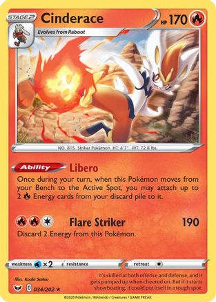 Cinderace (034) 034/202  - Holofoil SWSH01 Sword & Shield Base Set - Holo Rare