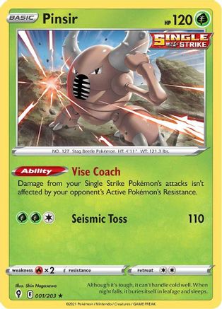Pinsir 001/203  - Reverse Holofoil SWSH07 Evolving Skies - Rare