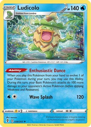 Ludicolo 034/203  - Reverse Holofoil SWSH07 Evolving Skies - Holo Rare