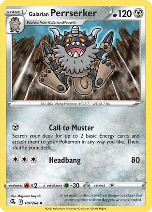 Galarian Perrserker 181/264  - Reverse Holofoil SWSH08 Fusion Strike - Uncommon