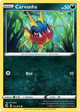 Carvanha 162/264  - Reverse Holofoil SWSH08 Fusion Strike - Common