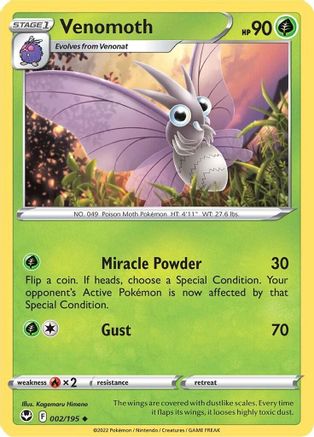 Venomoth 002/195  - Reverse Holofoil SWSH12 Silver Tempest - Uncommon