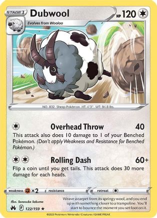 Dubwool 122/159  - Reverse Holofoil Crown Zenith - Rare