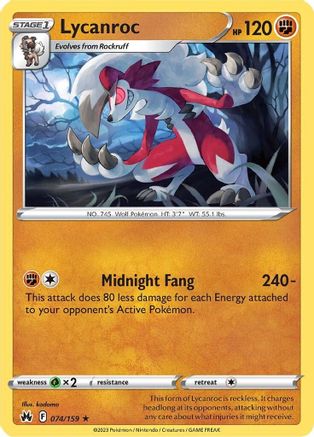 Lycanroc 074/159  - Reverse Holofoil Crown Zenith - Rare