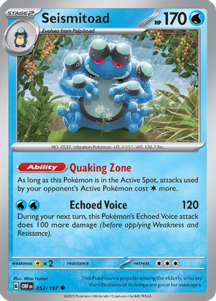 Seismitoad 052/197  - Reverse Holofoil SV03 Obsidian Flames - Uncommon